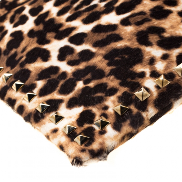 Pre Owned Valentino Brown/Black Leopard Print Calfhair Rockstud Clutch 