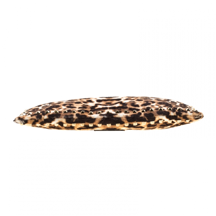 Pre Owned Valentino Brown/Black Leopard Print Calfhair Rockstud Clutch 
