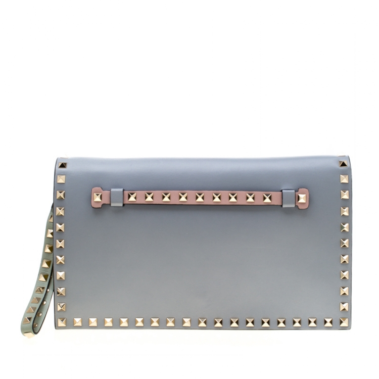 Pre Owned Valentino Tricolor Leather Rockstud Wristlet Clutch 