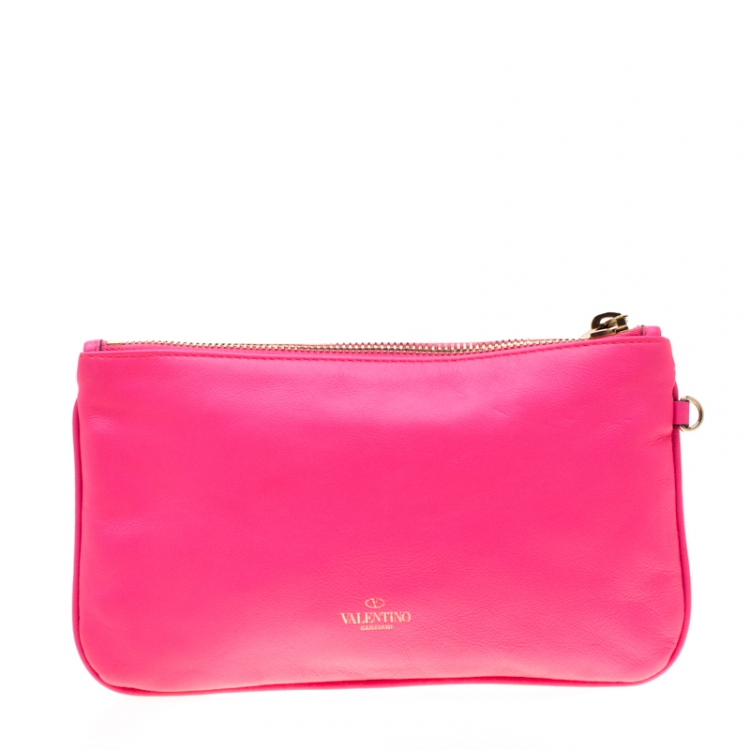 Pre Owned Valentino Neon Pink Leather Rockstud Wristlet Pouch