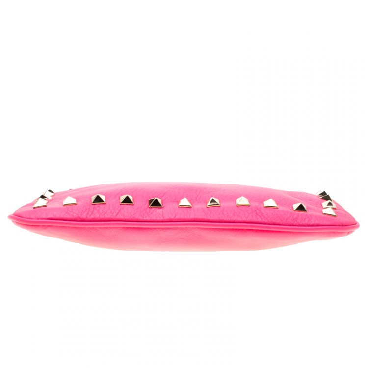 Pre Owned Valentino Neon Pink Leather Rockstud Wristlet Pouch