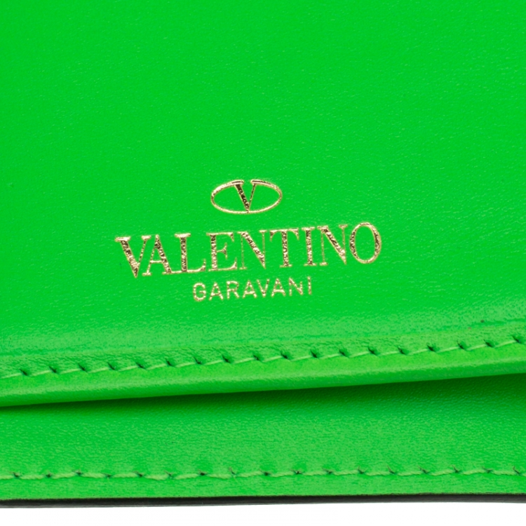 Pre Owned Valentino Neon Green Leather Rockstud Trifold Wallet