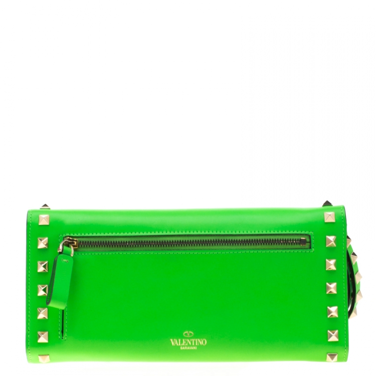 Pre Owned Valentino Neon Green Leather Rockstud Trifold Wallet