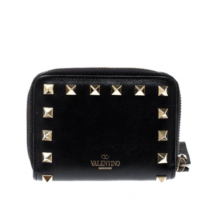 Pre Owned Valentino Black Leather Rockstud Coin Purse