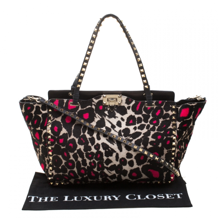 Pre Owned Valentino Black/Pink Leopard Print Calfhair Rockstud Tote 
