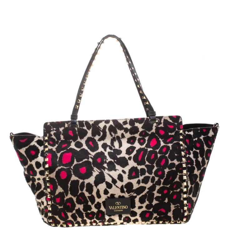 Pre Owned Valentino Black/Pink Leopard Print Calfhair Rockstud Tote 