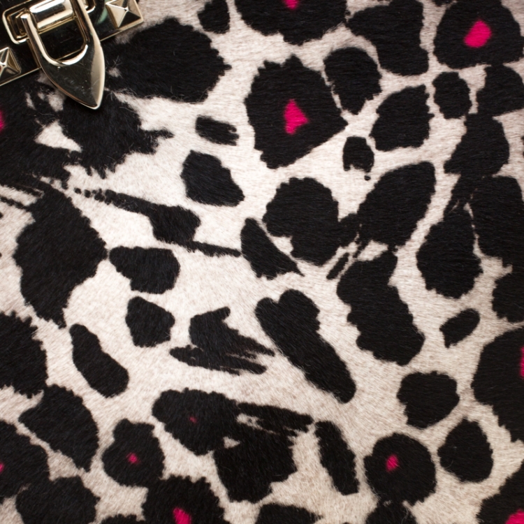 Pre Owned Valentino Black/Pink Leopard Print Calfhair Rockstud Tote 