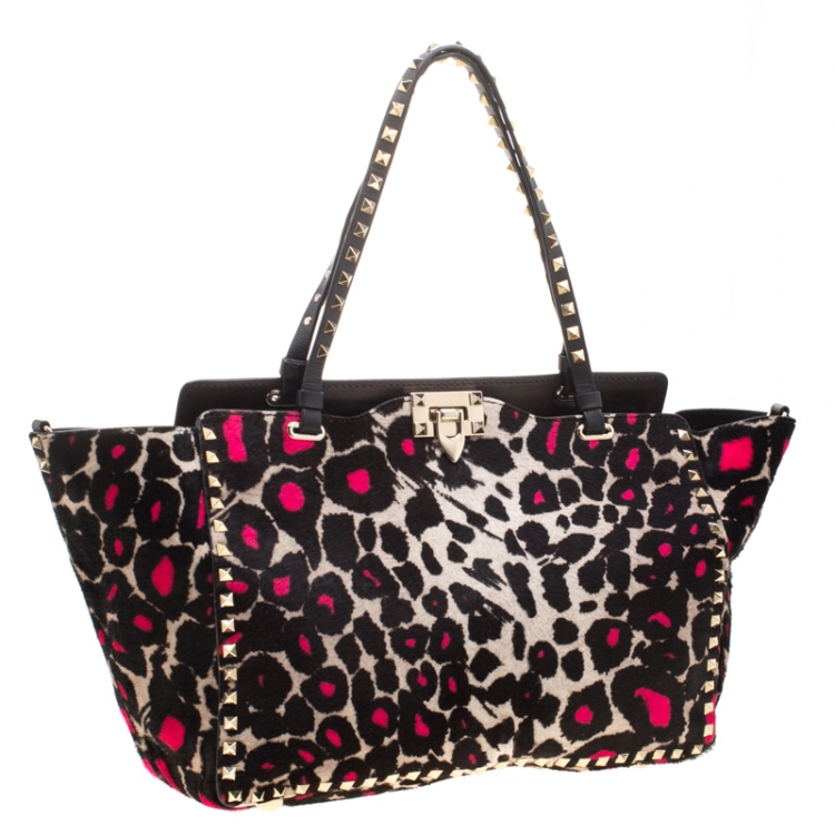 Pre Owned Valentino Black/Pink Leopard Print Calfhair Rockstud Tote 