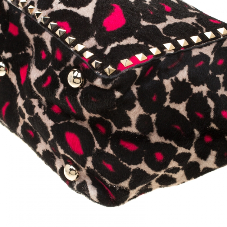 Pre Owned Valentino Black/Pink Leopard Print Calfhair Rockstud Tote 