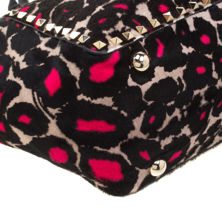 Pre Owned Valentino Black/Pink Leopard Print Calfhair Rockstud Tote 