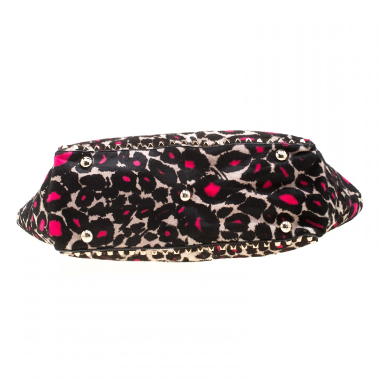 Pre Owned Valentino Black/Pink Leopard Print Calfhair Rockstud Tote 