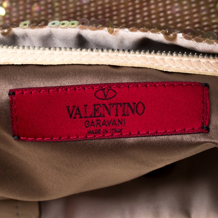 Pre Owned Valentino Beige/Bronze Sequins and Leather Petale Tote