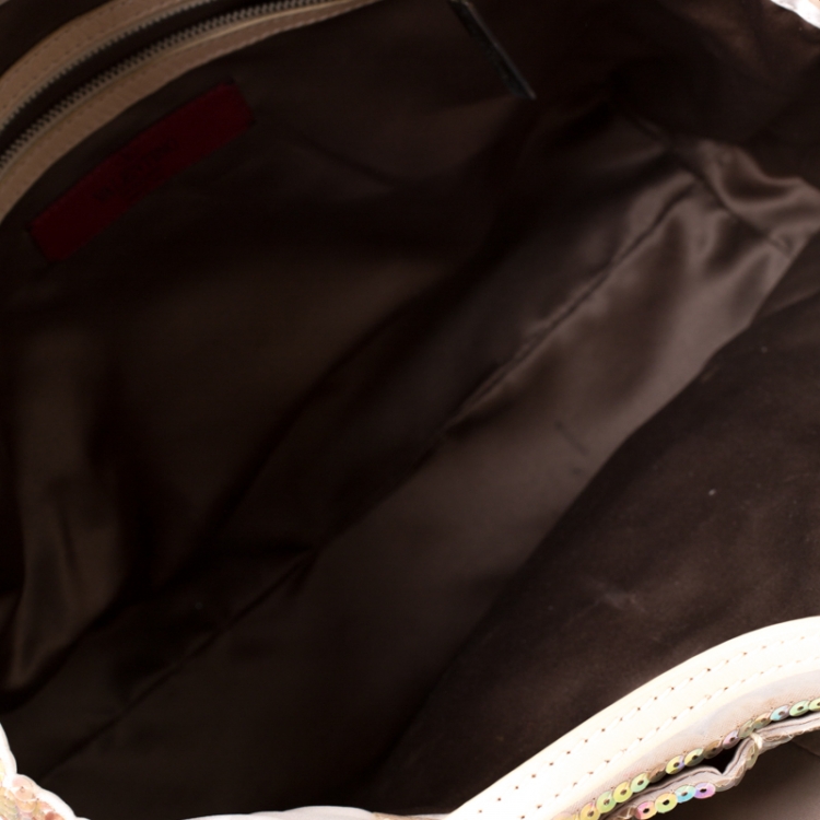 Pre Owned Valentino Beige/Bronze Sequins and Leather Petale Tote