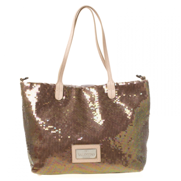 Pre Owned Valentino Beige/Bronze Sequins and Leather Petale Tote