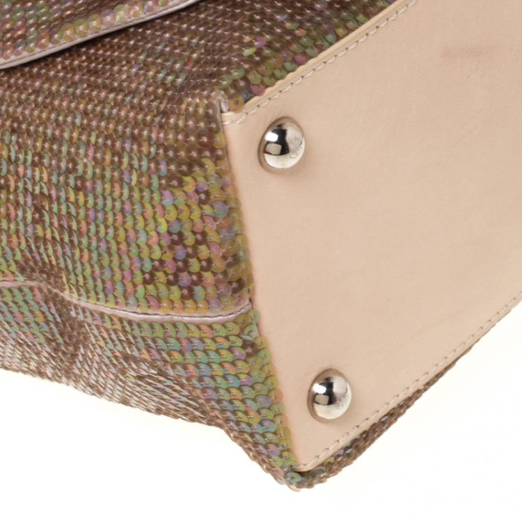 Pre Owned Valentino Beige/Bronze Sequins and Leather Petale Tote