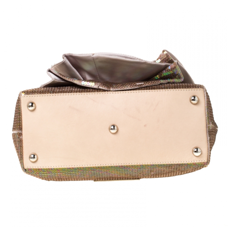 Pre Owned Valentino Beige/Bronze Sequins and Leather Petale Tote