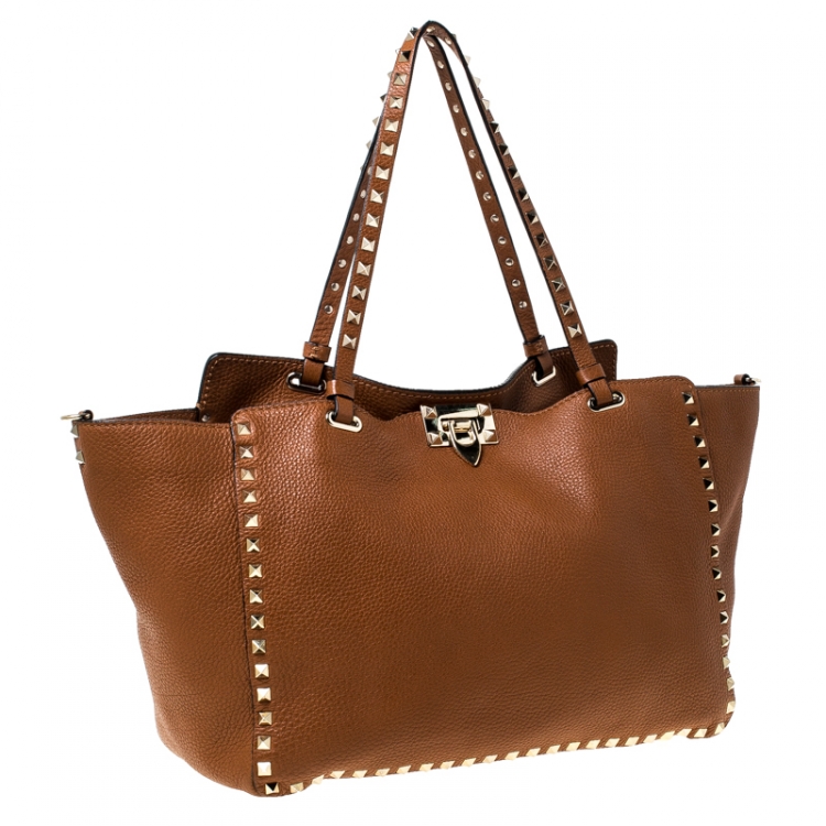 Pre Owned Valentino Tan Leather Rockstud Trapeze Tote