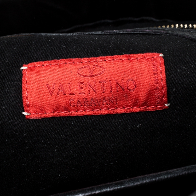 Pre Owned Valentino Black Floral Applique Leather Top Handle Bag