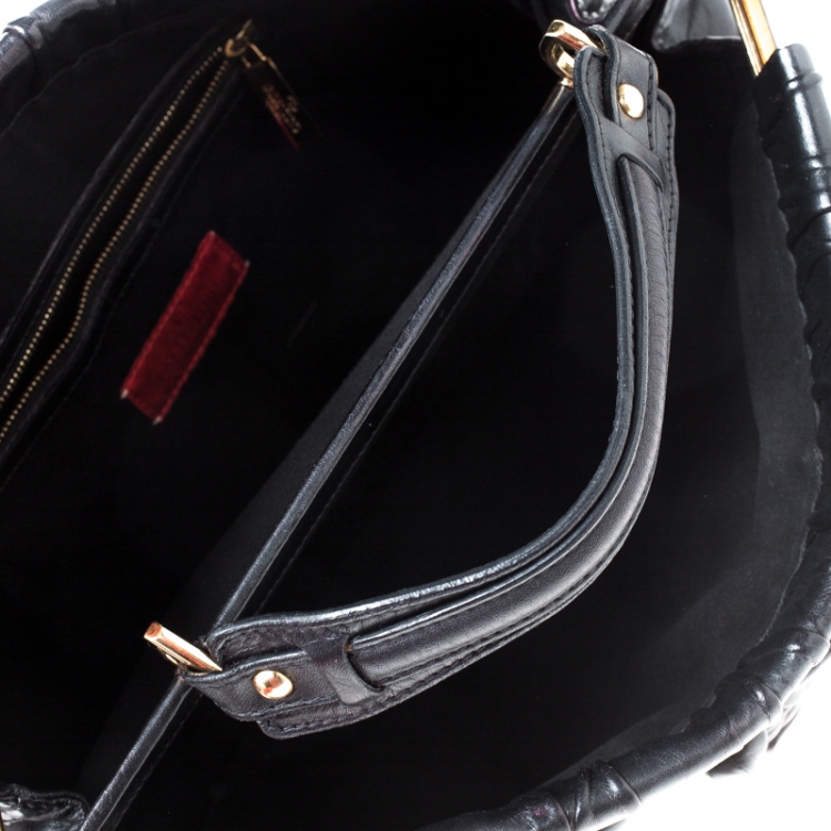 Pre Owned Valentino Black Floral Applique Leather Top Handle Bag