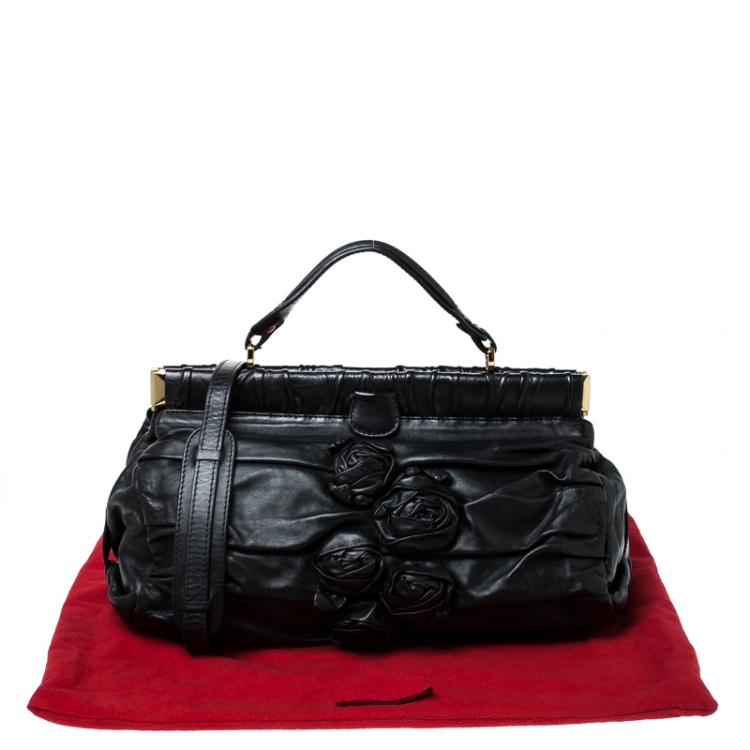 Pre Owned Valentino Black Floral Applique Leather Top Handle Bag