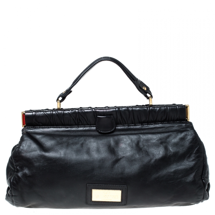 Pre Owned Valentino Black Floral Applique Leather Top Handle Bag