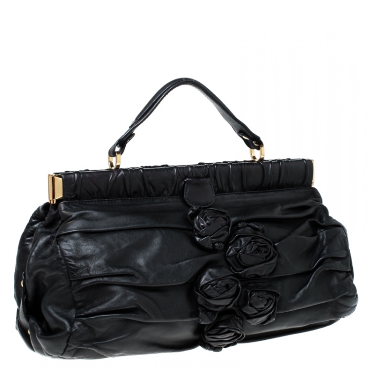 Pre Owned Valentino Black Floral Applique Leather Top Handle Bag