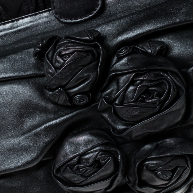 Pre Owned Valentino Black Floral Applique Leather Top Handle Bag