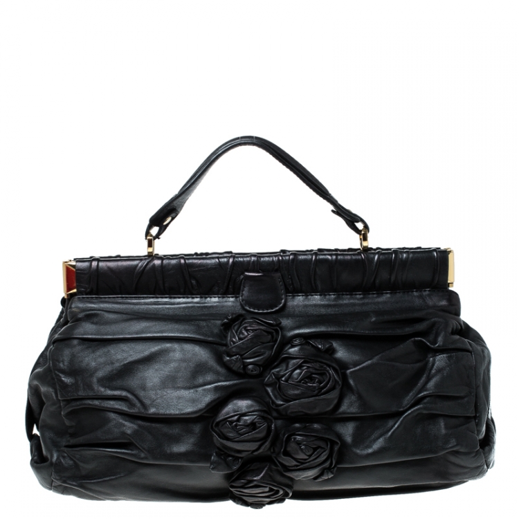 Pre Owned Valentino Black Floral Applique Leather Top Handle Bag