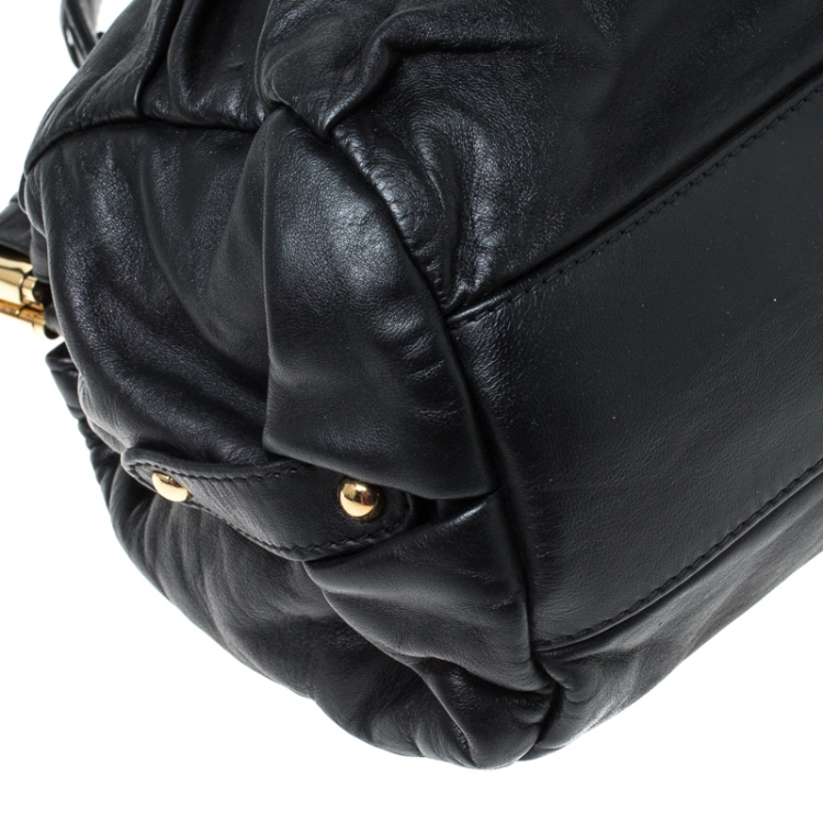 Pre Owned Valentino Black Floral Applique Leather Top Handle Bag