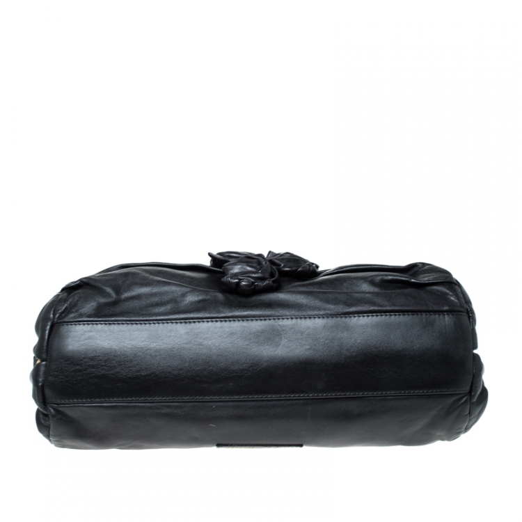 Pre Owned Valentino Black Floral Applique Leather Top Handle Bag