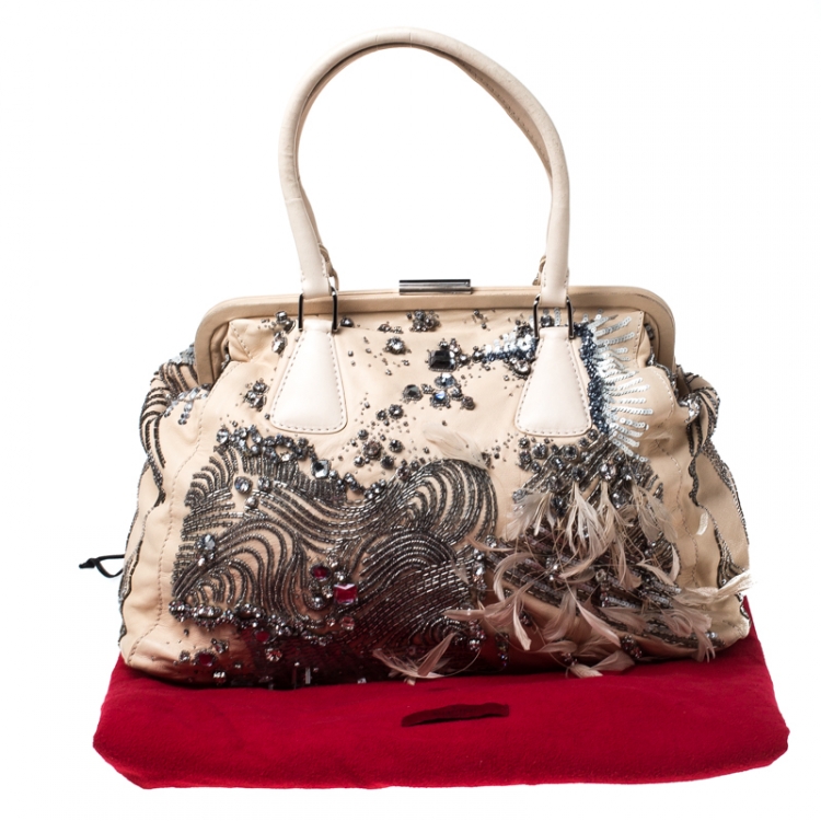 Pre Owned Valentino Beige Leather Embellished and Feather Alice Glam Frame Bag