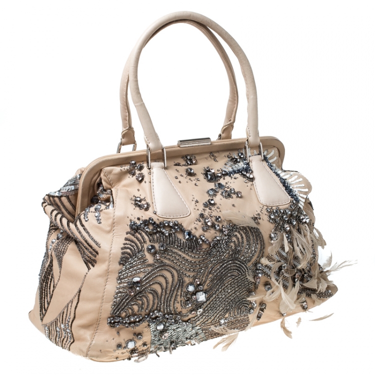 Pre Owned Valentino Beige Leather Embellished and Feather Alice Glam Frame Bag