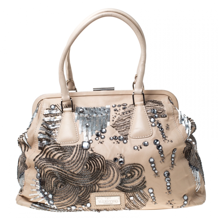 Pre Owned Valentino Beige Leather Embellished and Feather Alice Glam Frame Bag