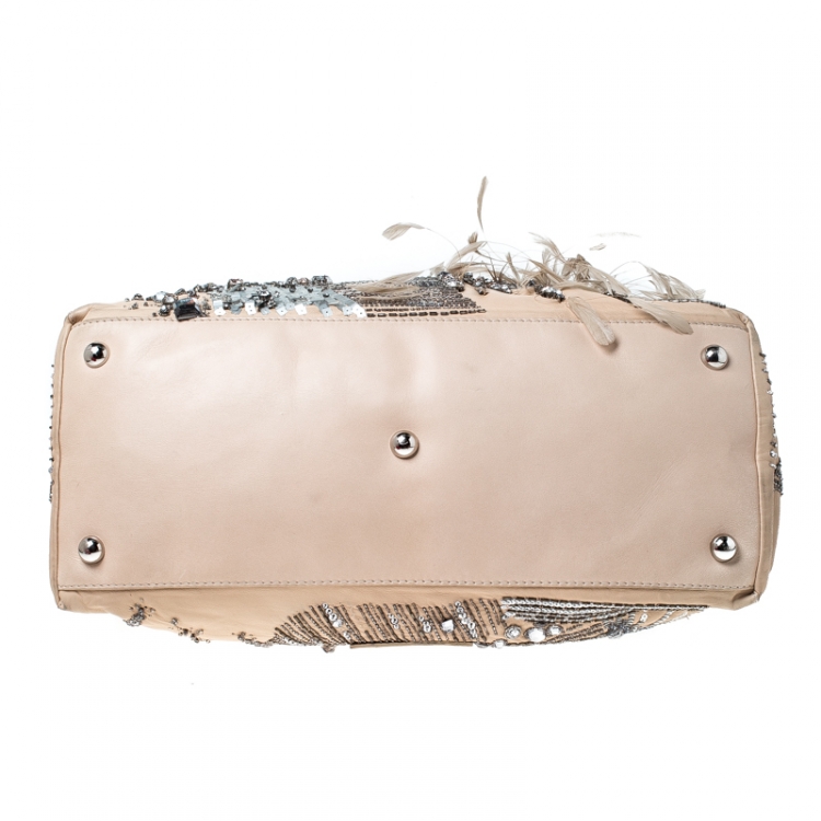 Pre Owned Valentino Beige Leather Embellished and Feather Alice Glam Frame Bag