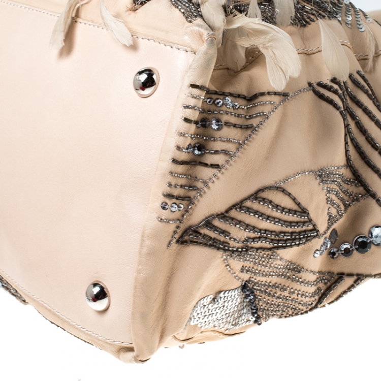 Pre Owned Valentino Beige Leather Embellished and Feather Alice Glam Frame Bag