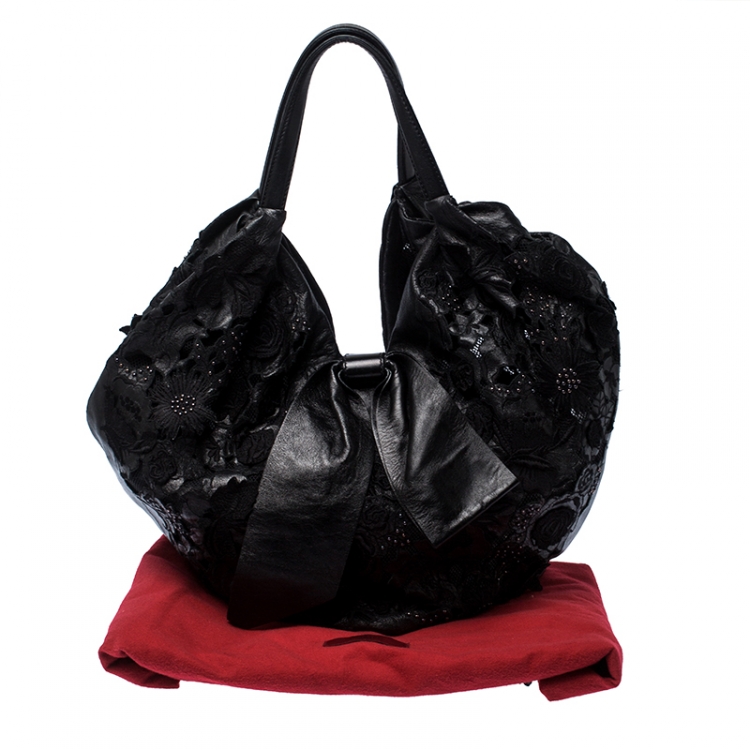 Pre Owned Valentino Black Lace/Beads and Leather Hobo