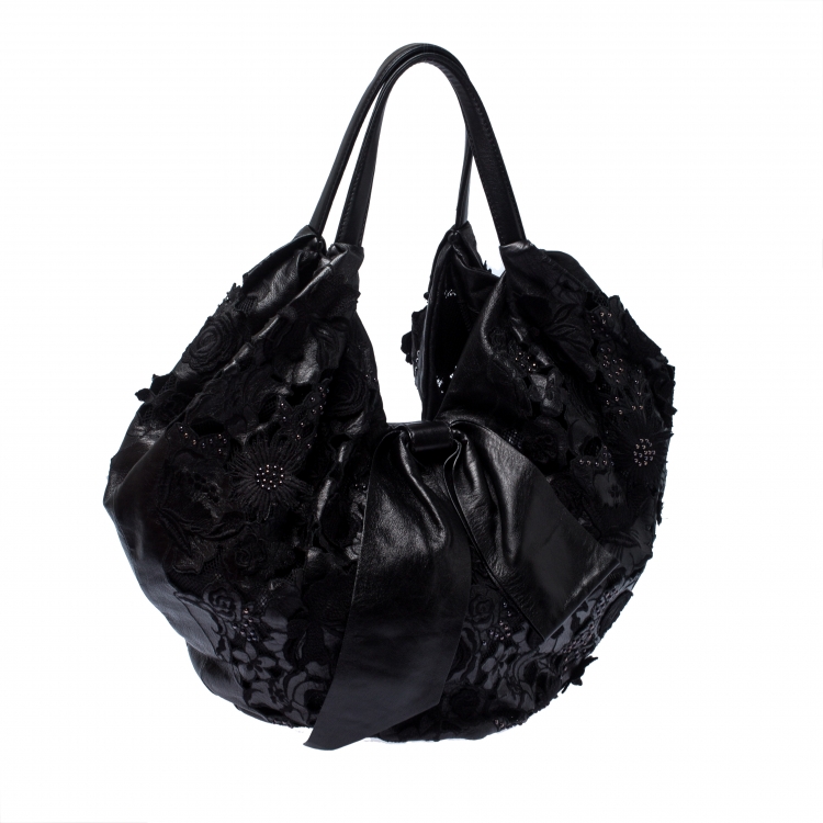 Pre Owned Valentino Black Lace/Beads and Leather Hobo
