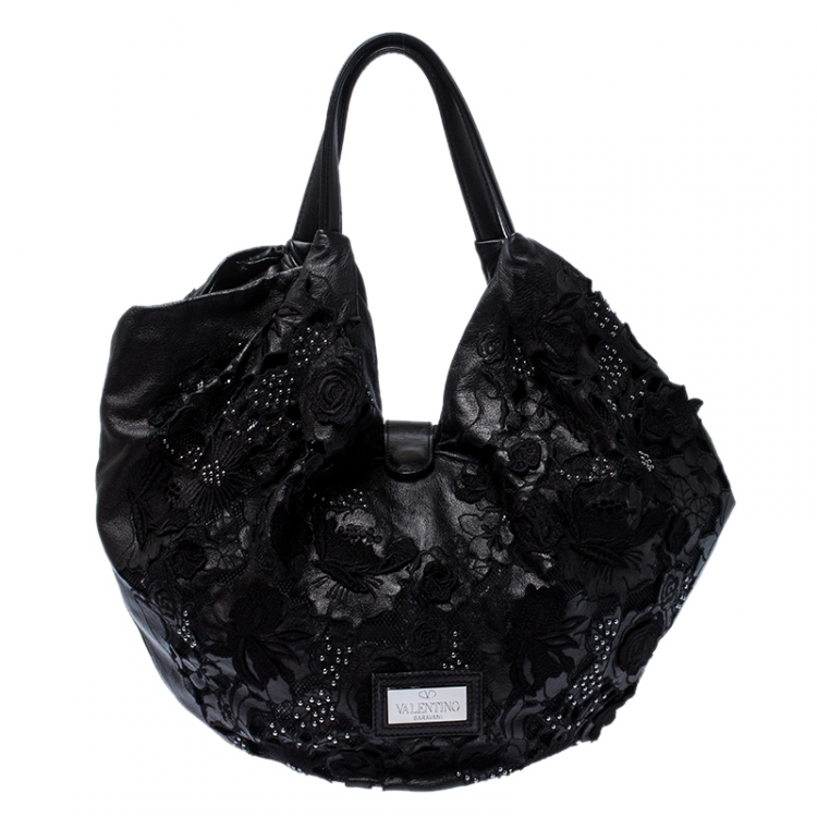 Pre Owned Valentino Black Lace/Beads and Leather Hobo