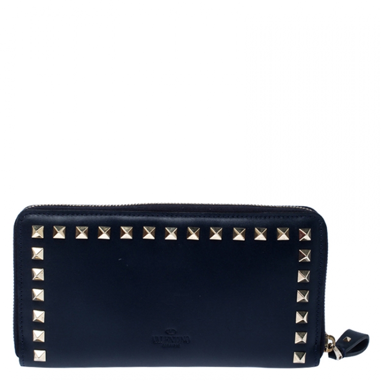 Pre Owned Valentino Navy Blue Leather Rockstud Zip Around Wallet
