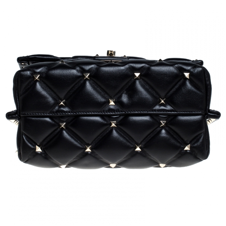 Pre Owned Valentino Black Quilted Leather Medium Candystud Top Handle Bag