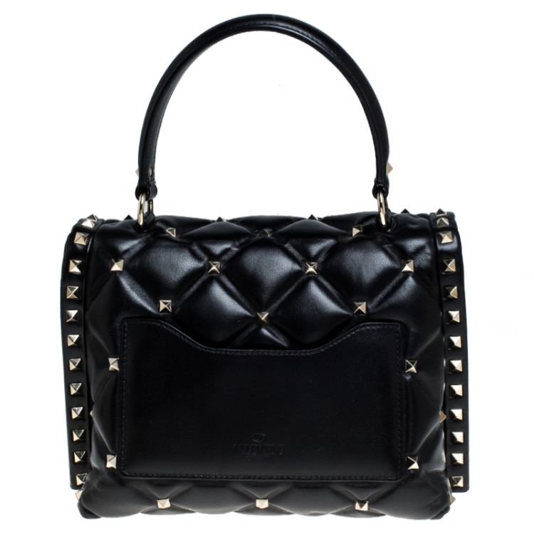 Pre Owned Valentino Black Quilted Leather Medium Candystud Top Handle Bag
