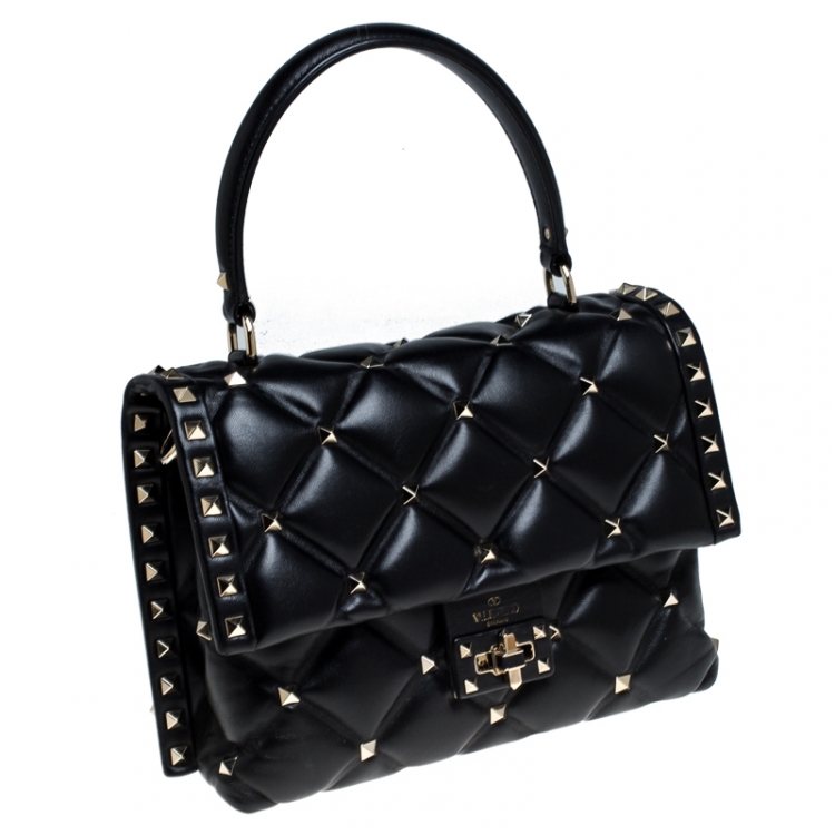 Pre Owned Valentino Black Quilted Leather Medium Candystud Top Handle Bag