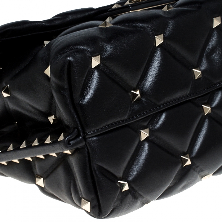 Pre Owned Valentino Black Quilted Leather Medium Candystud Top Handle Bag