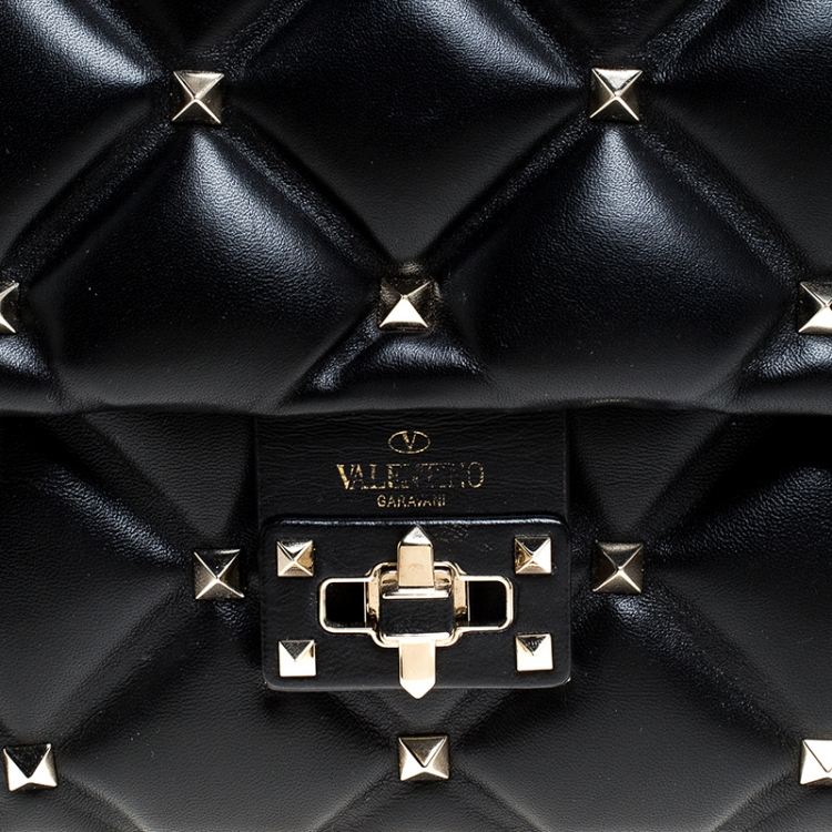 Pre Owned Valentino Black Quilted Leather Medium Candystud Top Handle Bag