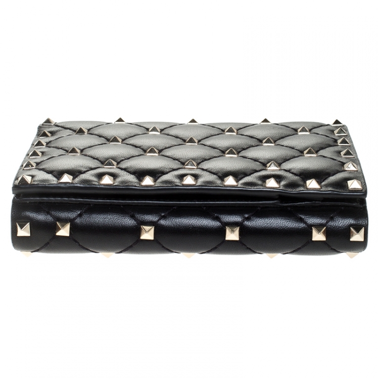 Pre Owned Valentino Black Leather Rockstud Spike Compact Wallet