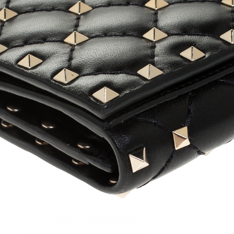 Pre Owned Valentino Black Leather Rockstud Spike Compact Wallet