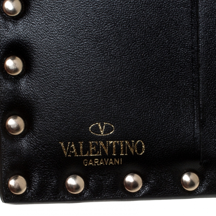 Pre Owned Valentino Black Leather Rockstud Spike Compact Wallet