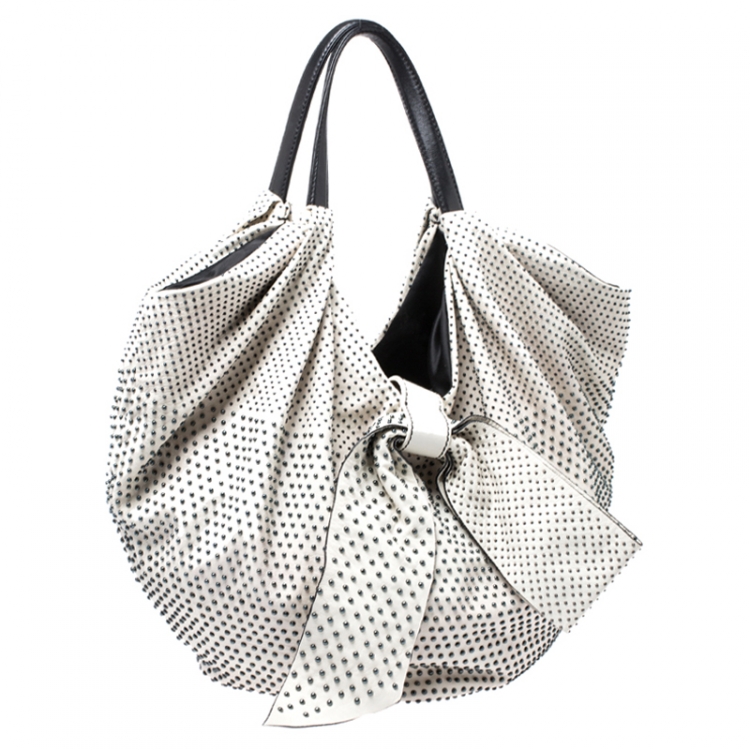 Pre Owned Valentino White Nappa Leather Studded Folie Bow Hobo