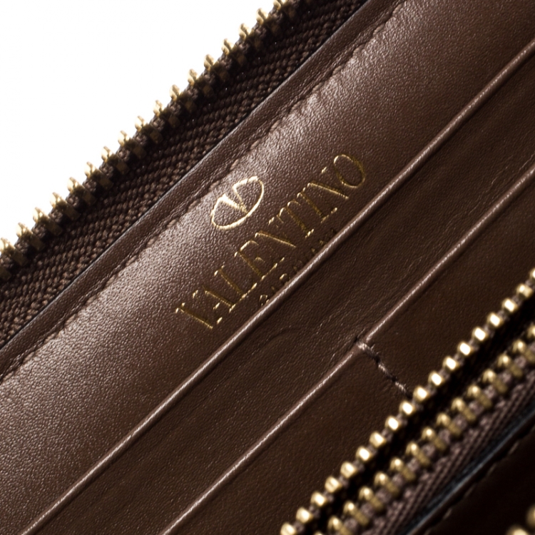 Pre Owned Valentino Black/Beige Lace Print Leather Zip Around Continental Wallet