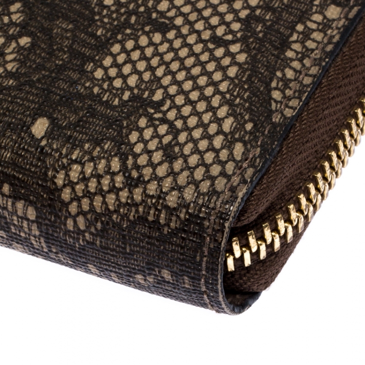 Pre Owned Valentino Black/Beige Lace Print Leather Zip Around Continental Wallet